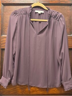 LOFT Dusty Mauve Ruffle-Trim V-Neck Blouse